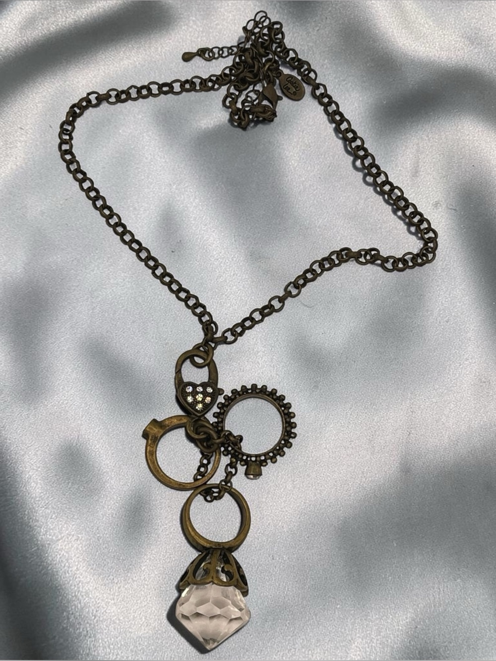 Cookie Lee Antiqued Brass Multi-Charm Pendant Necklace with Crystal Drop